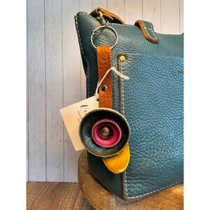 Genuine Leather Purse Charm Blue Fuchsia Burgundy Flower Keychain Accessory